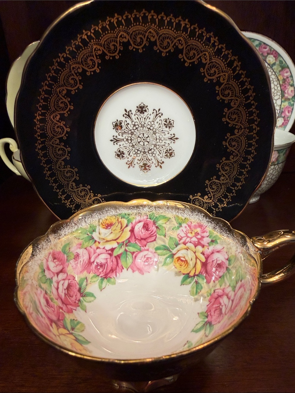 Stafford Pink and Yellow Rose Porcelain Teacup with Gold Trim